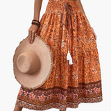 Damen Boho Lange Blumige Elegante Sommermode Rock mit Taschen – Orange