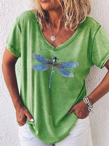 Eleanor | Libellenmuster V-Ausschnitt T-Shirt – Grün