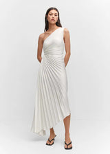 Sylviana - Ein-Schulter Plissiertes Midi-Kleid – Weiß