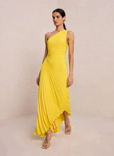 Sylviana - Ein-Schulter Plissiertes Midi-Kleid – Gelb
