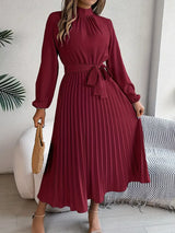 Damen Langarm Falten Kleid mit Gürtel – Bordeaux