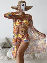 Catherine – 3-teiliges Bikini-Set mit Langarm-Cardigan für den Sommerstrand – Gelb