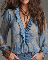 Norina - Soft-Touch-Bluse mit V-Ausschnitt – Blau