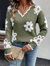 Melanira – Stilvoller Pullover Mit V-Ausschnitt Und Blumen Muster – Grün