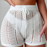 Ajour Kurze Hose mit hoher Taille für Damen, schicke und lässige Strandmode für Urlaub und Freizeit – Weiß