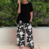 Abigail | Weites Bein Blumenmuster Zweiteiliges Set – Carbon Schwarz