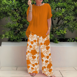 Abigail | Weites Bein Blumenmuster Zweiteiliges Set – Mandarin Orange