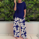 Abigail | Weites Bein Blumenmuster Zweiteiliges Set – Marineblau