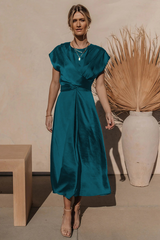 Damen Kurzarm Wickel Midi Hochzeitsgast Kleid – Blau