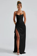 Damenkleid aus Satin mit V-Ausschnitt und langen Ärmeln – Elegant für Abend & Anlass – Schwarz