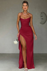 Damenkleid aus Satin mit V-Ausschnitt und langen Ärmeln – Elegant für Abend & Anlass – Burgunderfarben