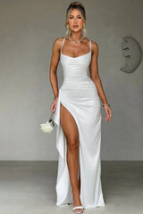 Damenkleid aus Satin mit V-Ausschnitt und langen Ärmeln – Elegant für Abend & Anlass – Weiß