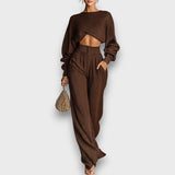 Amariel – Zweiteiler mit Cropped Pullover und weiter Hose – Kaffee