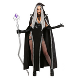 Damen Halloween-Kostüm Zauberin mit Kapuze | Umhang & Taillierter Body – Schwarz