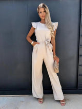 Willow | Rüschenärmel Tailliert Jumpsuit – Beige