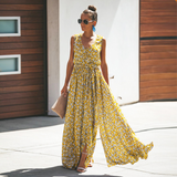 Ärmelloses Maxikleid mit Blumenprint & Schlitz – Sommerlich & Elegant – Gelb