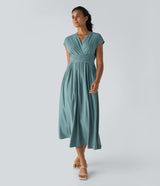 Wilhelmine – Elegantes Wickelkleid Mit Hoher Taille – Dunkelgrün
