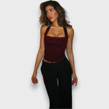 Leane – Corsagen-Top mit Neckholder und Spitzenkante – Weinrot