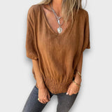 Bomia – Bequemes T-Shirt mit Taillenbund und V-Ausschnitt – Braun
