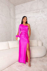 Dorie™ - Asymmetrisches Kleid mit Langem Schlitz – Rosenrot