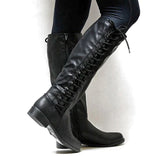 Kniehohe Schnürstiefel für Damen | Flach – Schwarz