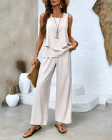 Alora – Elegantes Set aus ärmellosem Top und Hose mit weitem Bein – Khaki