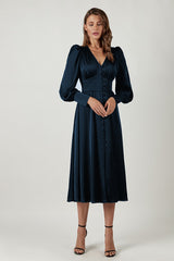 Tailliertes Satin-Kleid mit Ballonärmeln – Elegantes Abendkleid – Dunkelblau