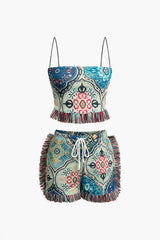 Greta | Verspieltes Zweiteiler-Set mit Boho-Print & Fransen – Ozeanblau