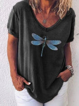 Eleanor | Libellenmuster V-Ausschnitt T-Shirt – Schwarz