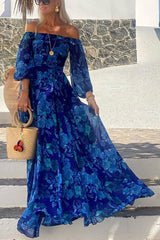 Langkleid mit Blumenmuster und Schulterfrei – Urlaubseleganz – Blau