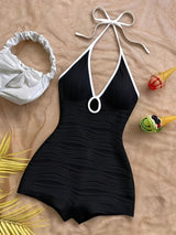 Damen Badeanzug mit Halterneck und Wellenmuster – Eleganter Vintage-Stil für Strand und Pool – Schwarz