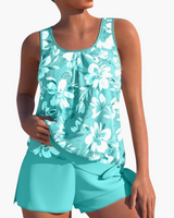 Damen Stilvolles Floral Tankini Set | Zweifarbig – Aqua Blau