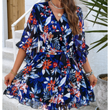 Frau Blumen V-Ausschnitt Glockenärmel Kleid | Mini – Blau