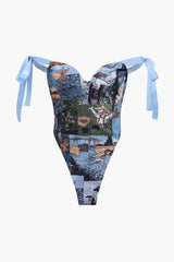 Andrea | Kunstvolle Corsage & Cargohose mit Retro-Print – Blau