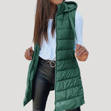 Drune | Frauen langes Gilet mit Kapuze gepolsterter Winter-Puffer – Grün