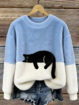 Zaidia – Gemütlicher Strickpullover Mit Süßer Katze – Himmelblau