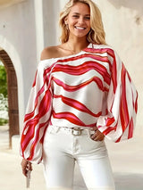 Laila | Elegante Off-the-Shoulder Bluse mit geometrischem Print – Rot