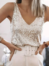 HAWA | Pailletten-V-Ausschnitt-Top – Beige