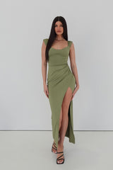 Khaki Halterneck Kleid mit Rückenknoten & Schlitz – Elegantes Abendkleid – Grün
