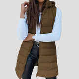 Drune | Frauen langes Gilet mit Kapuze gepolsterter Winter-Puffer – Braun