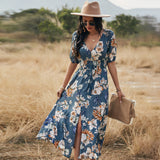 Lucia - Maxikleid mit V-Ausschnitt und Blumenmuster – Blau