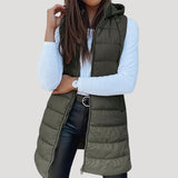 Drune | Frauen langes Gilet mit Kapuze gepolsterter Winter-Puffer – Waldgrün