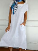 Erietta – Leinen Kleid Mit Rundhalsausschnitt Und Lockerer Passform – Weiß