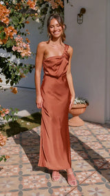 Damen Elegantes One-Shoulder Maxikleid für festliche Anlässe und Alltag – Braun