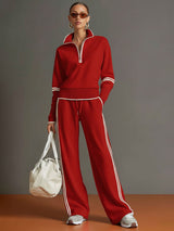 Vintage-inspirierter grauer und weißer Halbzip-Sweatshirt mit weitem Hosen-Set – Rot