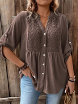 Darshani - Stylische Bluse mit V-Ausschnitt Und Knöpfen – Braun