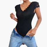 Bodysuit aus Spitze für Frauen - Eleganter V-Ausschnitt – Schwarz