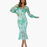 Blumen Midi Kleid mit Puffärmeln - elegantes Damen Sommerkleid – Grün