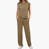 Zweiteiliges Sommer Set für Damen mit Kappärmeln und Taschen – Khaki