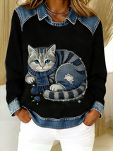 Eponin – Retro Katzen Jeansstoff Flickwerk Sweatshirt – Schwarz
